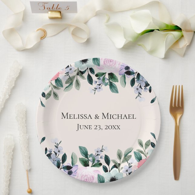 Rosa Lila und grüne Wasserfarben Blumenzehen Pappteller (Hochzeit)