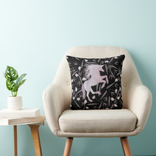 Rosa, Lila und schwarz, Einhorn- und Blumenmuster Kissen