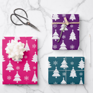 Rosa, Lila und Türkis Weihnachtsbaum-Muster Geschenkpapier Set