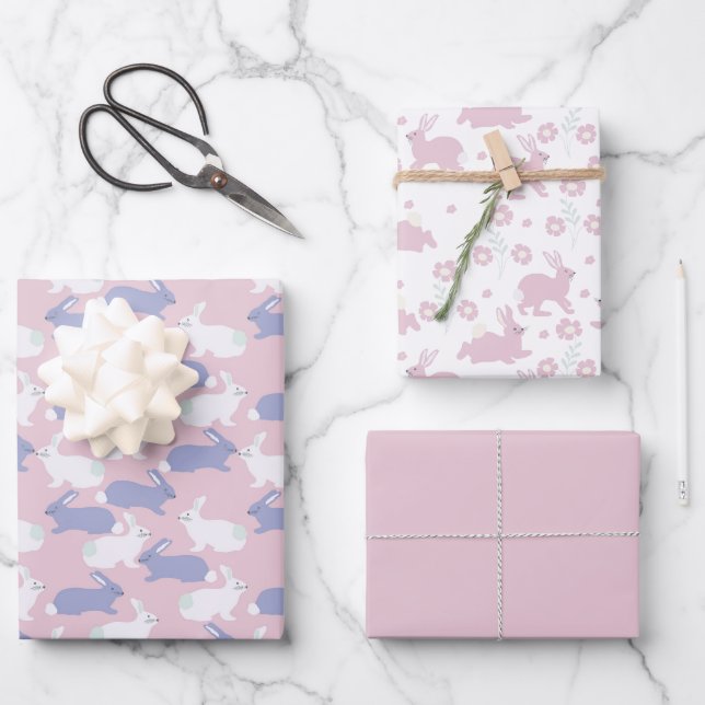 Rosa, Lila und weiße Kaninchen Ostern Geschenkpapier Set (Vorderseite)