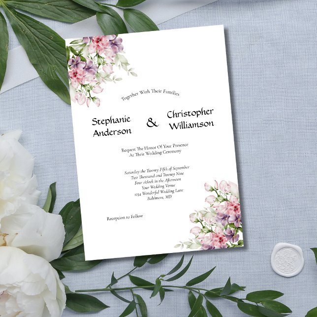 Rosa Lila Wasserfarbe Blumengrün Hochzeit Einladung (Pink purple watercolor floral elegant formal wedding invitation. Printed or Instant digital download)