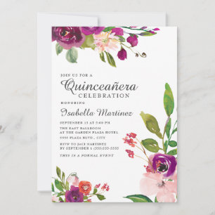 Rosa lila Wasserfarbe-Floral-Quinceañera Einladung