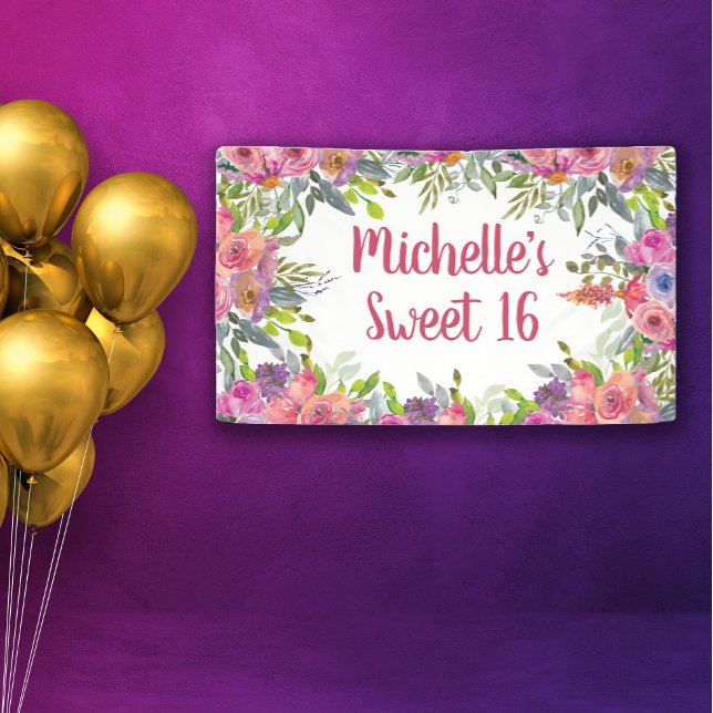 Rosa Lila Wasserfarben Blumengrün Süß 16 Banner (Purple and pink watercolor floral Sweet 16 banner personalized with a name.)