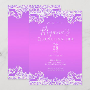 Rosa Lila Weiß Spitze Elegante Quinceañera-Party Einladung