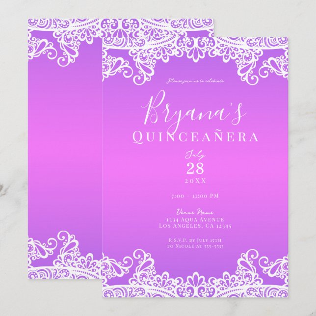 Rosa Lila weiße Spitze Elegantes Quinceñera Party Einladung (Vorne/Hinten)