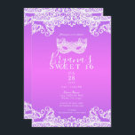 Rosa Lila weiße Spitzen Masquerade Sweet 16 Party Einladung<br><div class="desc">Anpassen für jedes Ereignis</div>