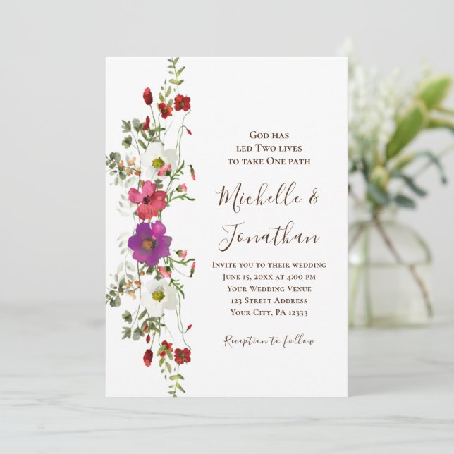 Rosa Lila Wildblumen Christliche Hochzeit Einladung (Stehend Vorderseite)