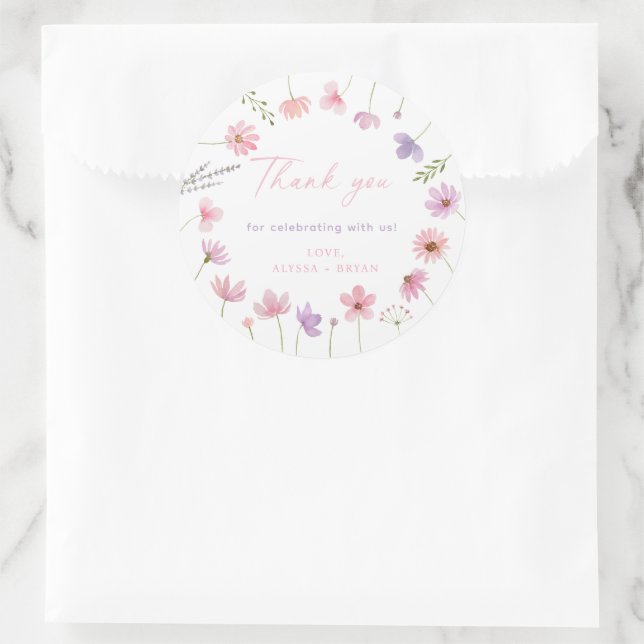 Rosa Lila Wildblumen Kinderdusche Runder Aufkleber (Tasche)