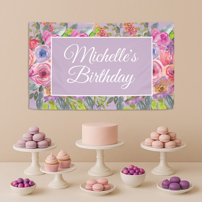 Rosa Lila Wildblumen Name Script Geburtstag Banner (Elegant script purple and pink floral birthday banner)
