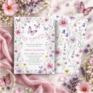 Rosa lila Wildblumen- & Schmetterlings-Baby-Party Einladung