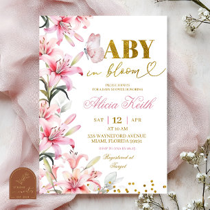 Rosa Lilien-Blumen-Schmetterling-Baby-in- Blüten-E Einladung