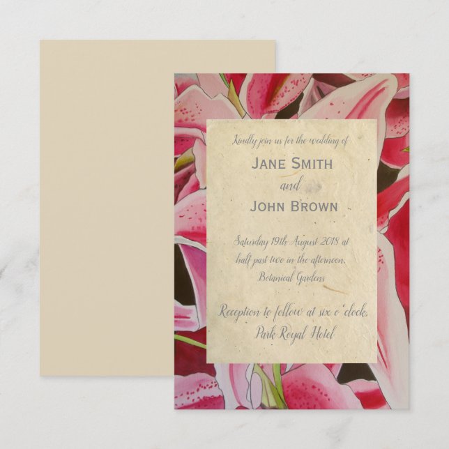 Rosa Lilien Hochzeit Aquarellkunst rustikal Einladung (Vorne/Hinten)