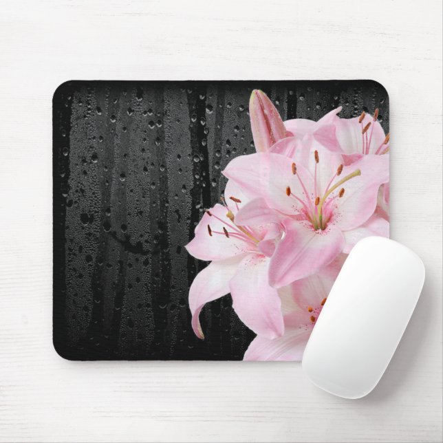 Rosa Lilien mit Raindrops Mousepad (Mit Mouse)
