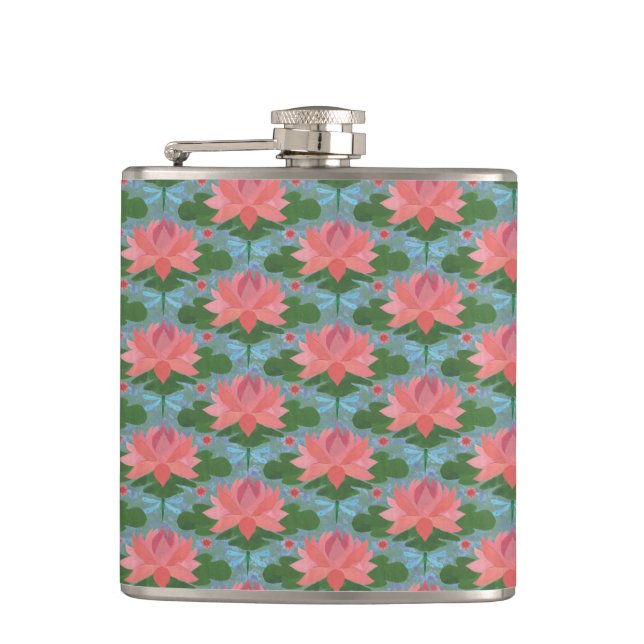 Rosa Lilien und Libellen Hip Flask Flachmann (Vorderseite)