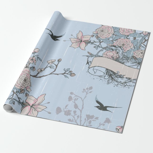 Rosa Lilien und Rose im asiatischen Stil auf Blue Geschenkpapier (Ungerollt)