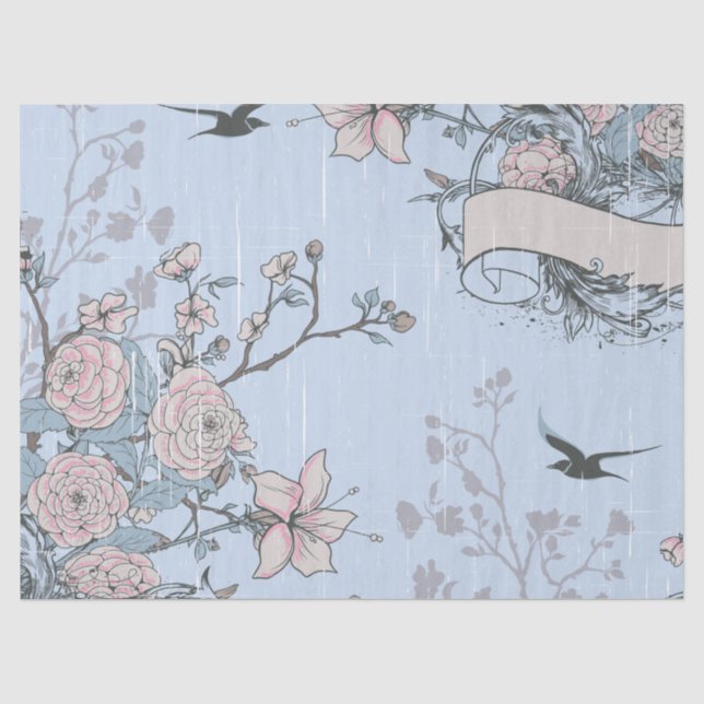 Rosa Lilien und Rose im asiatischen Stil auf Blue Seidenpapier (Vorderseite)