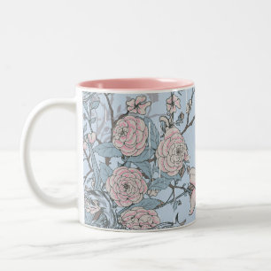 Rosa Lilien und Rose im asiatischen Stil auf Blue Zweifarbige Tasse