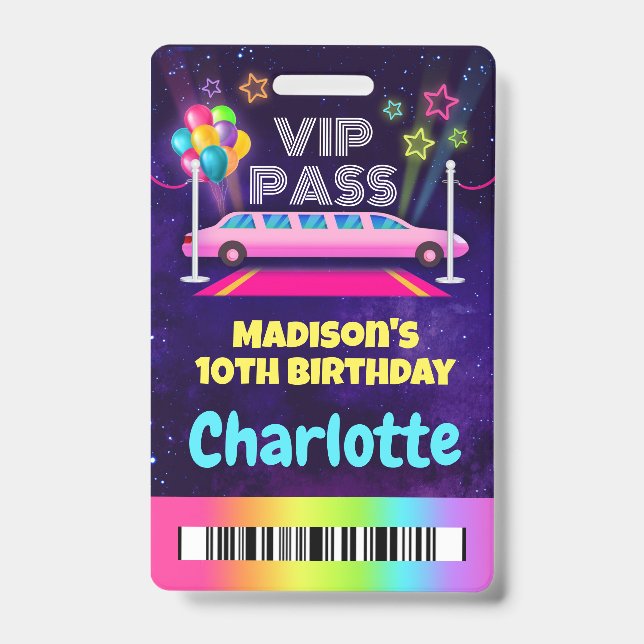 Rosa Limo VIP Pass Geburtstag Lanyard Ausweis (Vorderseite)