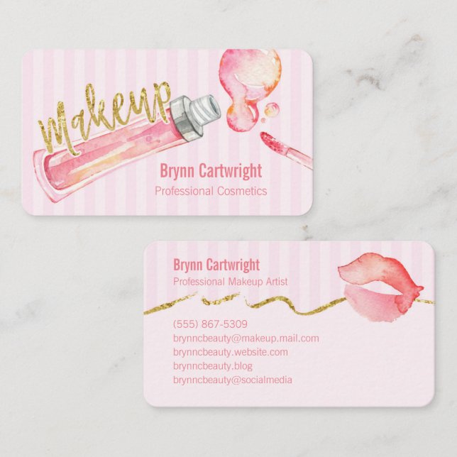 Rosa Lipgloss und Streifen-Make-upVisitenkarte Visitenkarte (Vorne/Hinten)