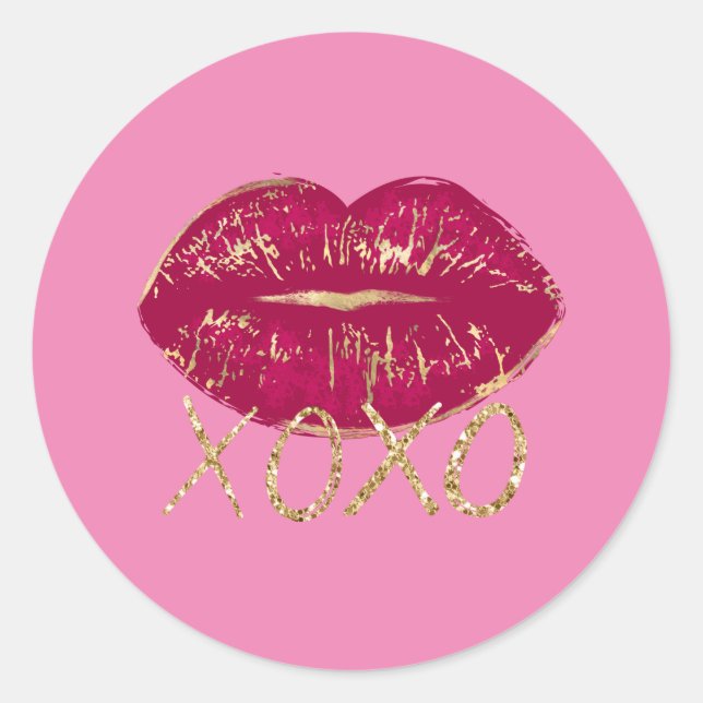 Rosa Lippen Kiss Glitzer XOXO Runder Aufkleber (Vorderseite)