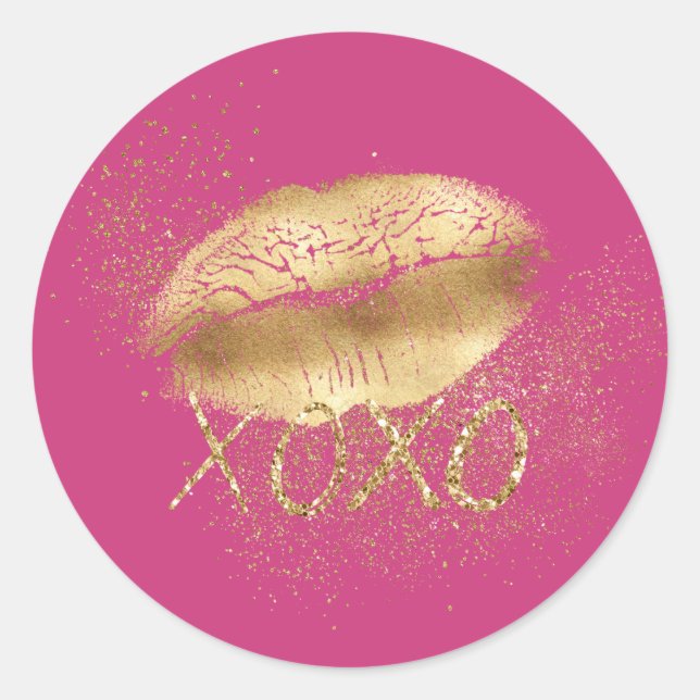 Rosa Lippen Kiss Gold Glitzer XOXO Runder Aufkleber (Vorderseite)