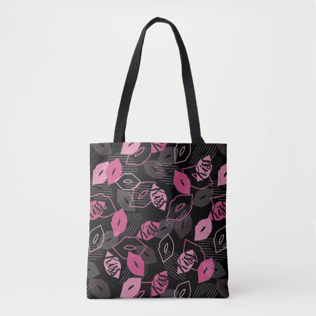 Rosa Lippen Küssen Muster Schwarz Ver Tasche (Vorderseite)