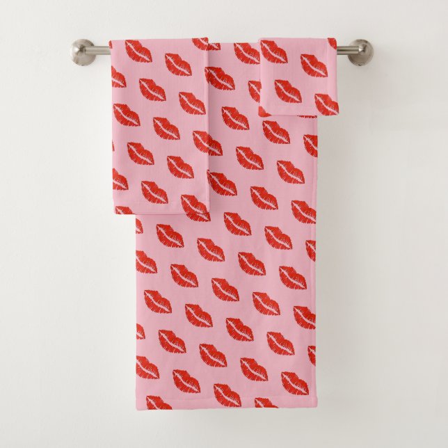 Rosa Lippen Lipstick Kiss Print Liebe Valentine Badhandtuch Set (Insitu)