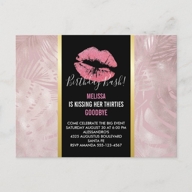 Rosa Lippen & Rose Gold Tropische Blätter Geburtst Postkarte (Vorderseite)