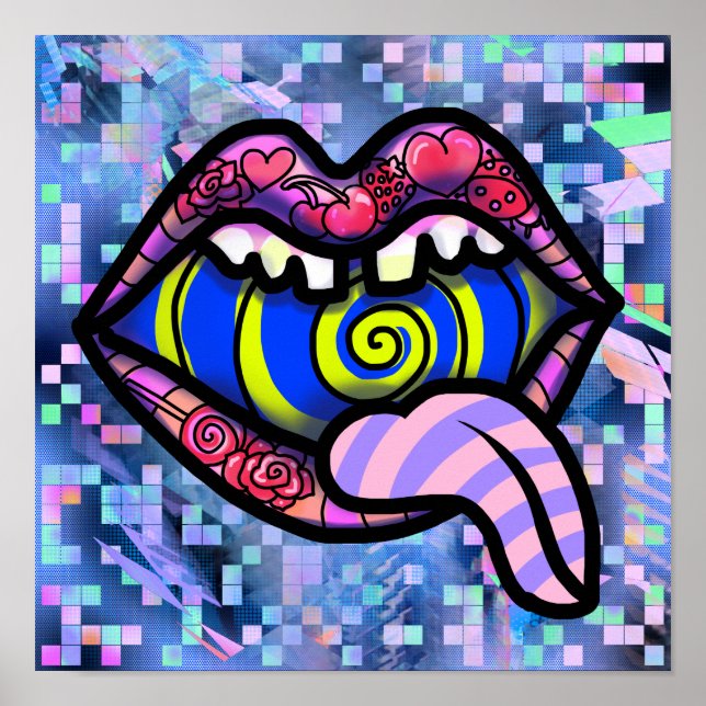 Rosa Lippen Schrei Mund Spiral Pop Printmedien Poster (Vorne)