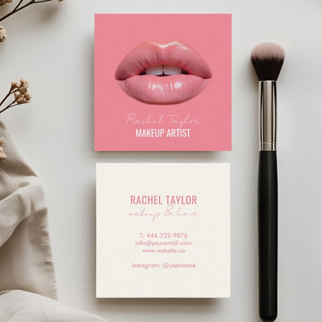 Rosa Lippen | Script Makeup Square Business Card Quadratische Visitenkarte (Von Creator hochgeladen)