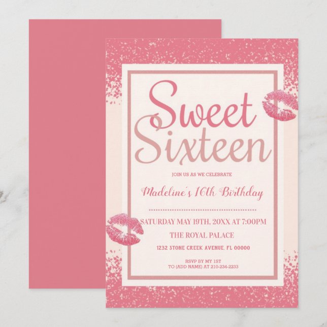 Rosa Lippen Sweet 16 Einladung (Vorne/Hinten)
