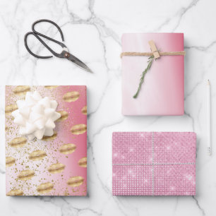 Rosa Lippen und goldene Lippen Kiss Gold Glitzer X Geschenkpapier Set