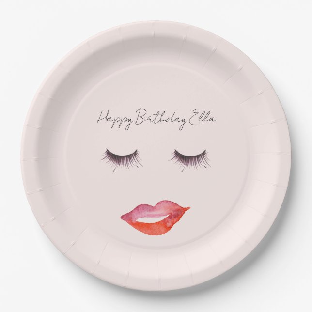 Rosa Lippen und Wimpern Geburtstag Pappteller (Vorderseite)
