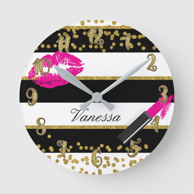 Rosa Lippenlippenstift-Kuss-GoldGlamour-ZauberChic Runde Wanduhr (Vorderseite)