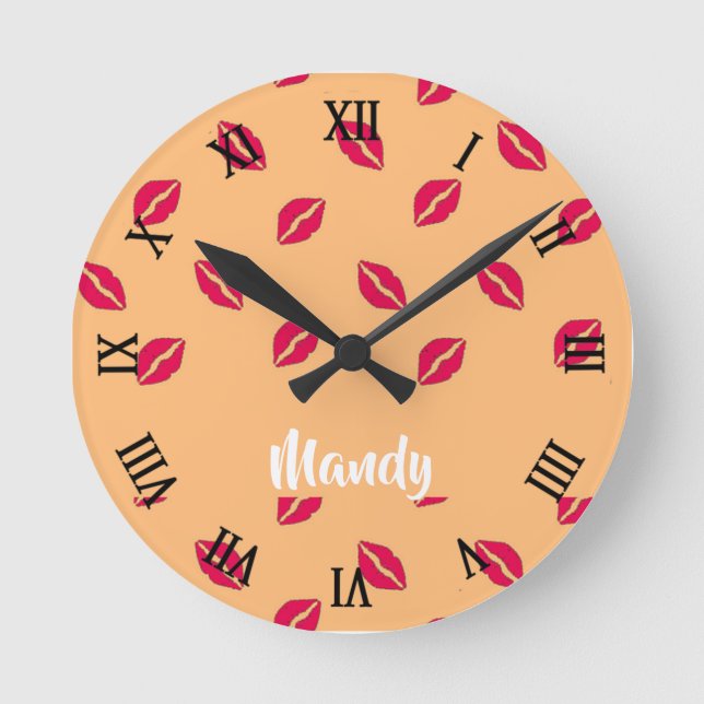 Rosa Lippenmuster Runde Wanduhr (Vorderseite)