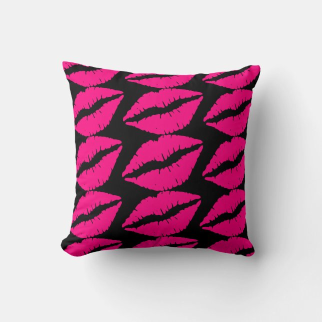 Rosa Lippenstift Kuss Pop Art Rosa und Schwarz Kissen (Vorderseite)