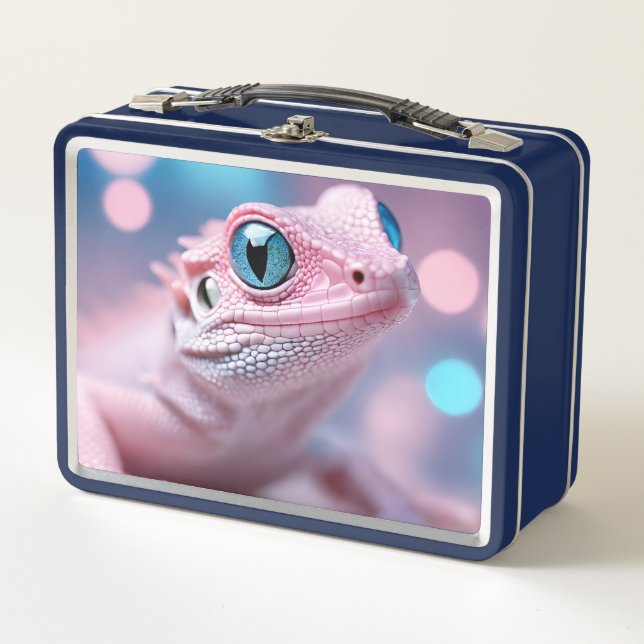 Rosa Lizard mit blauen Augen Metall Brotdose (Vorderseite)