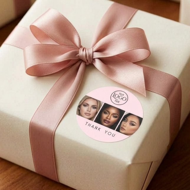 Rosa Logo Foto Make-up Danke Runder Aufkleber (Blush Pink with Black Script, Logo, Photo Thank you Sticker)