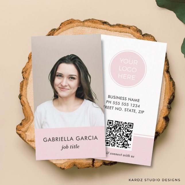 Rosa Logo QR-Code Foto Professionelle Visitenkarte (Front and back of the business card are shown in standard size. Choose size, corner + paper style.)