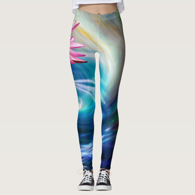 Rosa Lotus Blume Blau Weiße Leggings (Vorderseite)