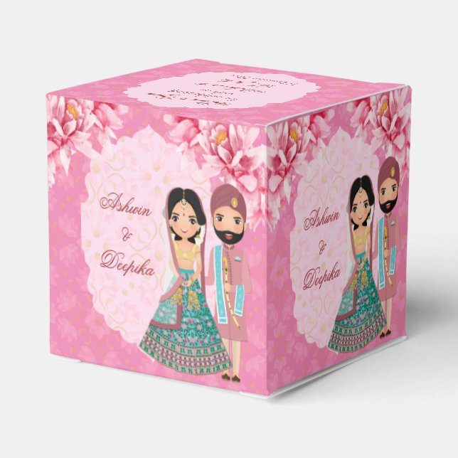 Rosa Lotus-Blume mit niedlichem indischem Brautpaa Geschenkschachtel (Rückseite)