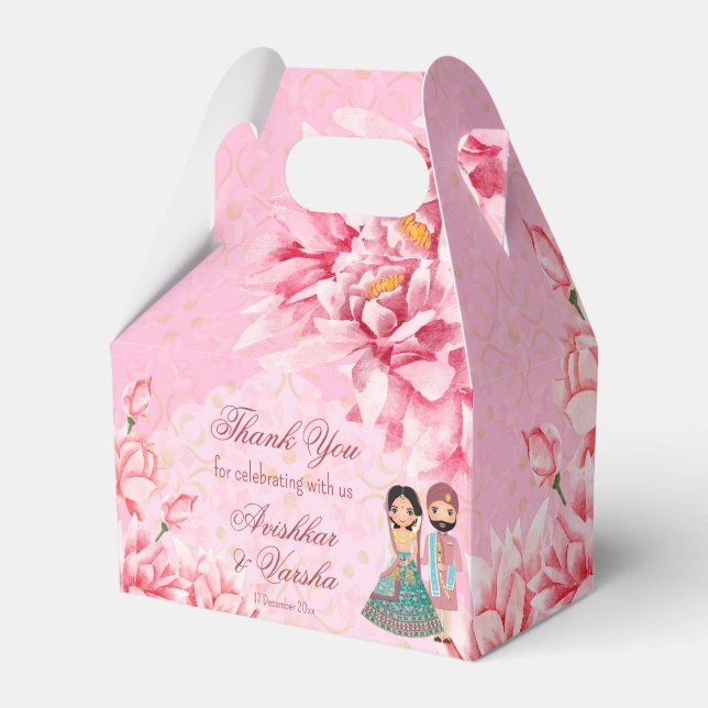 Rosa Lotus-Blume mit niedlichem indischem Brautpaa Geschenkschachtel (Vorderseite)