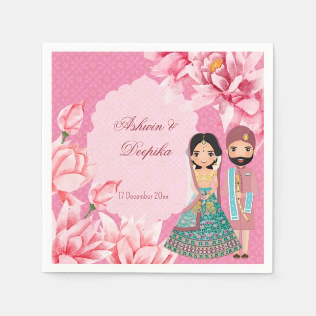Rosa Lotus-Blume mit niedlichem indischem Brautpaa Serviette (Vorderseite)