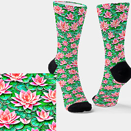 Rosa Lotus-Blume Stehend auf grünen Blätter Socken