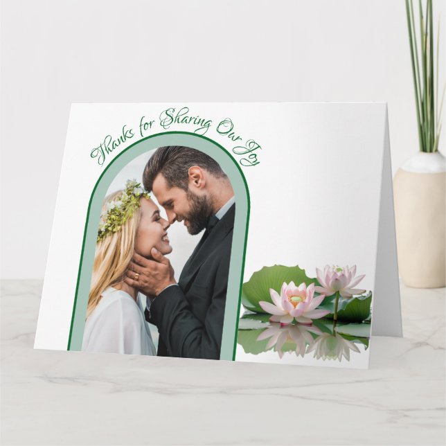 Rosa Lotus Blume und Grüne Hochzeit Dankeskarte (Vorderseite)