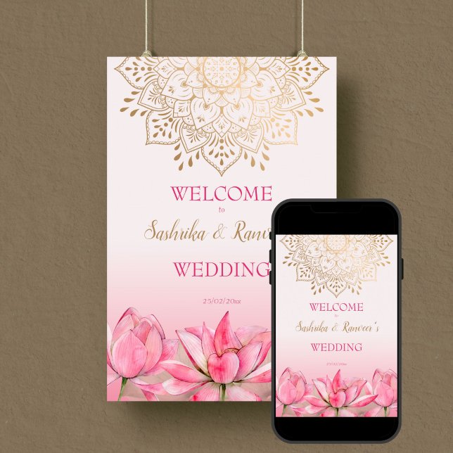 Rosa Lotus gold Mandala indische Hochzeitsempfang Poster (Pink lotus gold mandala Indian wedding editable template welcome sign Poster digital download)