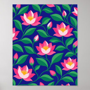 Rosa Lotus-Muster auf navyblauem Hintergrund Poster