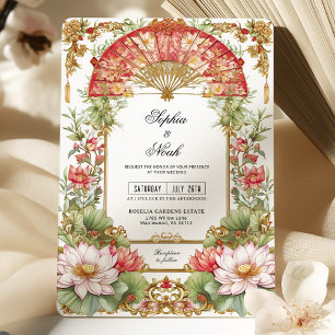 Rosa Lotus und Red Fan Asian Teezeremonie Hochzeit Einladung