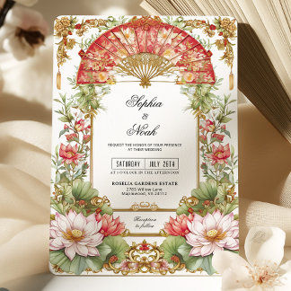 Rosa Lotus und Red Fan Asian Teezeremonie Hochzeit Einladung