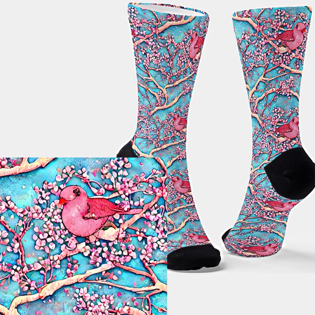 Rosa Lovebirds in Blossom Tree on Blue Sky Floral Socken (Von Creator hochgeladen)